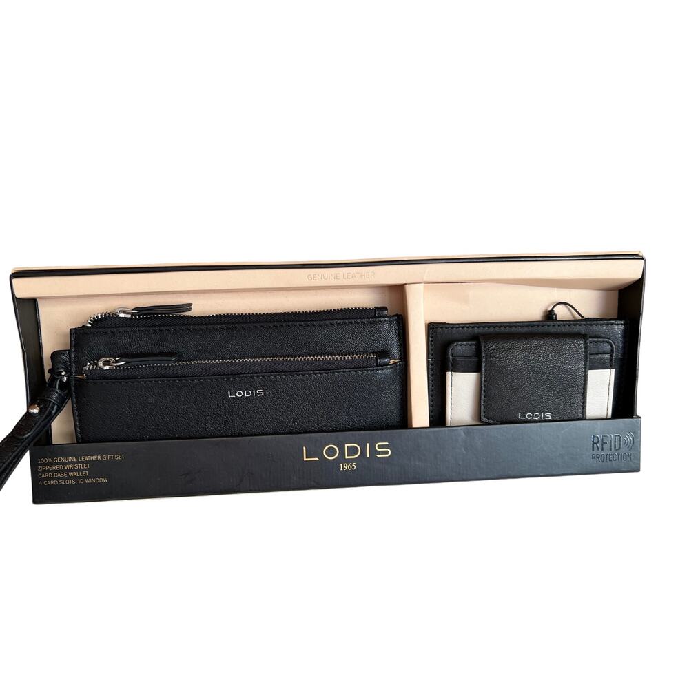 LODIS Leather RIFD Wallet Wristlet and Card Case Set Black